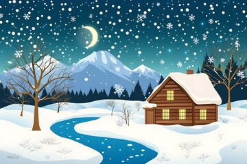 Fototapeta premium illustration of beautiful landscapes with mountains and lakes in watercolor, aquarelle look pencil art Countryside village landscape with church and houses illustration, design, vector, nature, travel