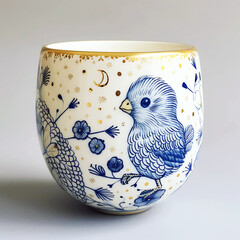 a blue bird is sitting on a cup that has a blue bird on it
