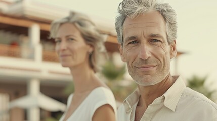 Obraz premium A middle-aged couple stands in front of a large white building with the man in the foreground and the woman behind him.