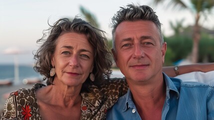 Middle-aged couple posing near a resort pool, capturing the essence of a tranquil tropical vacation.