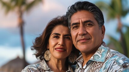 A close-up photograph Of a middle-aged Hispanic couple posing for a photo On a tropical beach with the woman's face blurred Out.