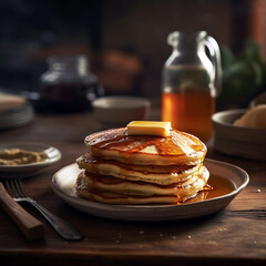 a stack of pancakes with syrup and syrup on a table