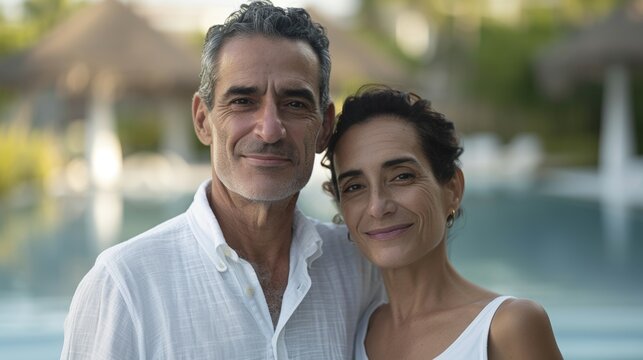 Middle-aged couple smiling near the resort pool, capturing a peaceful moment during their sunlit vacation.