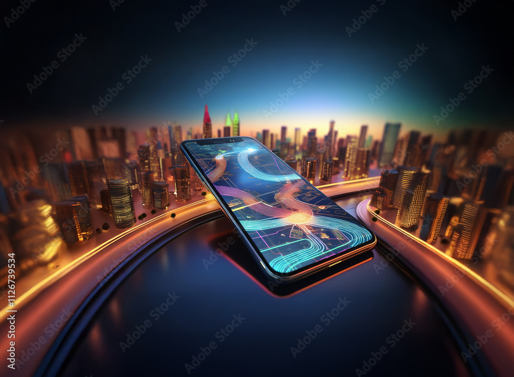 Aufkleber futuristic smartphone displays abstract interface. elevated above a sleek, glowing cityscape at twil