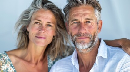 The image depicts a middle-aged couple likely in their 50s posing together with the woman On the left and the man On the right.