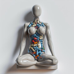 a statue of a woman sitting on a white surface with pills around her neck