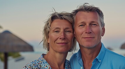 Obraz premium Middle-aged couple posing together at the edge of a resort pool, the tropical setting enhancing the serene moment.