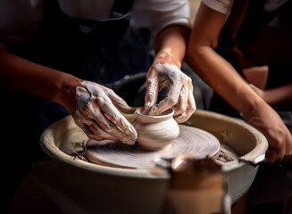 Close-up of hands shaping clay on a pottery wheel.  The image showcases the process of pottery making, highlighting the skill and precision involved.  The clay is wet and the hands are covered in it.