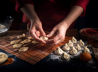 A chef's hands delicately shape dough into savory dumplings on a bamboo mat.  Surrounding ingredients hint at a flavorful recipe.  Flour, egg, and spices are visible.