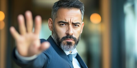 Middle aged Hispanic man with a beard in business attire at the office, signaling a stop with his hand. The stop gesture reflects a serious and negative expression on his face.