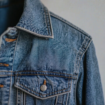 A close up of a denim jacket white background.