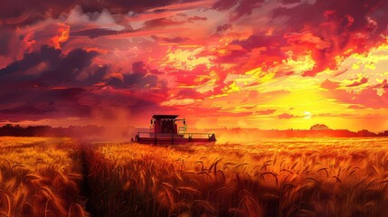 Fototapeta premium Silhouette of a combine harvester collecting wheat at sunset, transferring to a tractor in the field