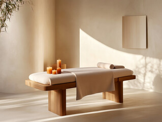 A serene spa room with a minimalist wooden massage table, soft lighting, and candles for relaxation.