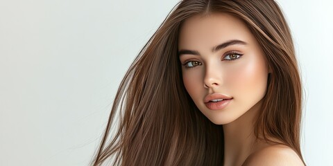 Naklejka premium Stunning model girl showcasing shiny brown, straight long hair. Experience the benefits of keratin straightening with effective treatment, care, and spa procedures for a smooth hairstyle.