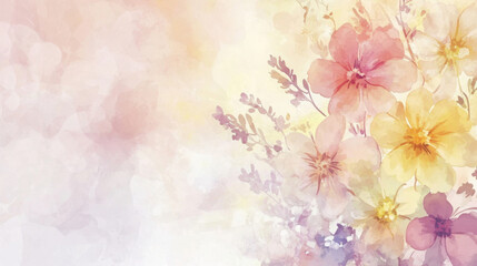 Soft watercolor florals in pastel tones, subtly scattered across a pale grayish-white background,