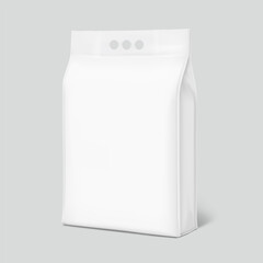 Packaging bag with a finger handle mockup. Vector illustration isolated on grey background. Half side view. Perfect for presentation laundry, chemical products, litter and etc. EPS10.	
