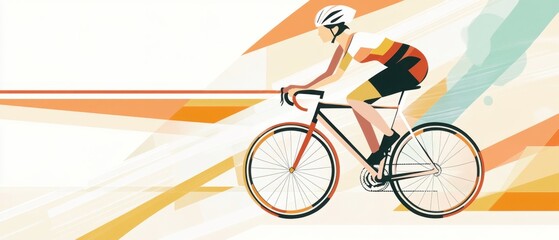Dynamic Female Cyclist Riding Road Bike, Abstract Geometric Background