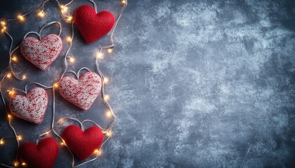Romantic Valentine s Day Hearts Knitted Texture String Lights Grey Background