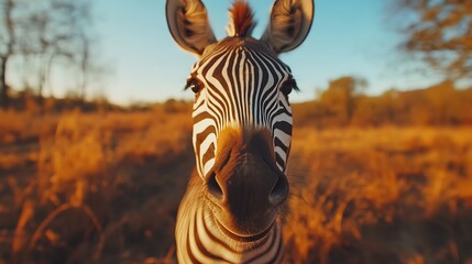 Naklejka premium Zebra Portrait at Golden Hour in the African Savanna. AI Generated