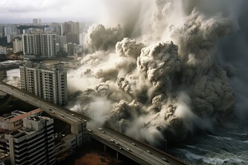 Aerial View Of Smoke And Dust From A Demolished Building Rising Above, Highway With Cars Pass