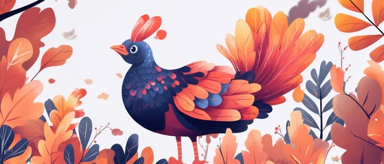 Obraz premium Vibrant Autumn Bird Illustration with Colorful Leaves