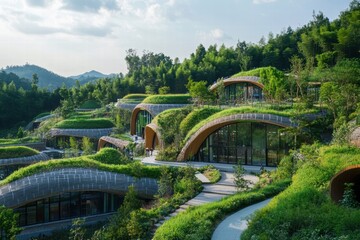 Fototapeta premium Innovative factory with zero carbon emissions blending into a lush green landscape
