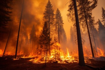 Raging Wildfire Burning Through a Dry Forest, Climate Change Conflagration and Environmental Damage