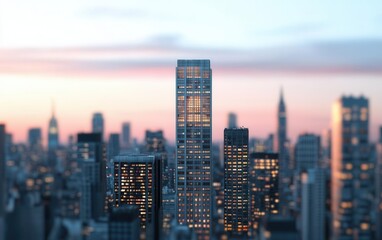 Fototapeta premium Urban skyline at sunset, bustling streets and illuminated landmarks, 3D illustration