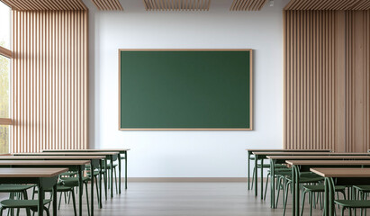 modern classroom featuring green chalkboard on white wall, surrounded by wooden paneling and green desks. bright space is designed for learning and creativity