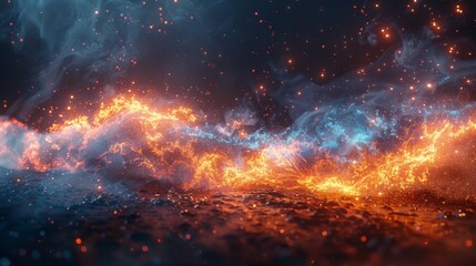 Fototapeta premium Abstract Burning Fire, Blue Smoke, and Sparks. Digital Art of Cosmic Energy, Power, and Explosion.