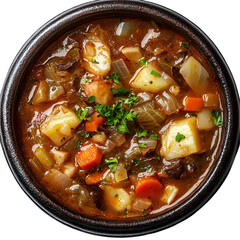 Top view of an extremely perfect looking Cabbage Soup in a dark clay pot isolated on a white transparent background