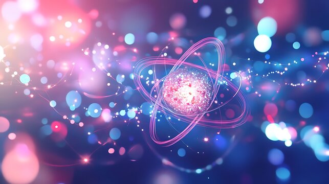 Vibrant 3D Render of an Atom in a Cosmic Nebula. AI Generated