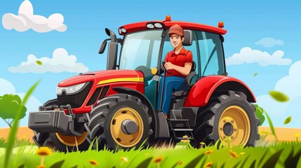 Obraz premium Farm worker driving tractor diligently prepares for the important harvest season ahead of time