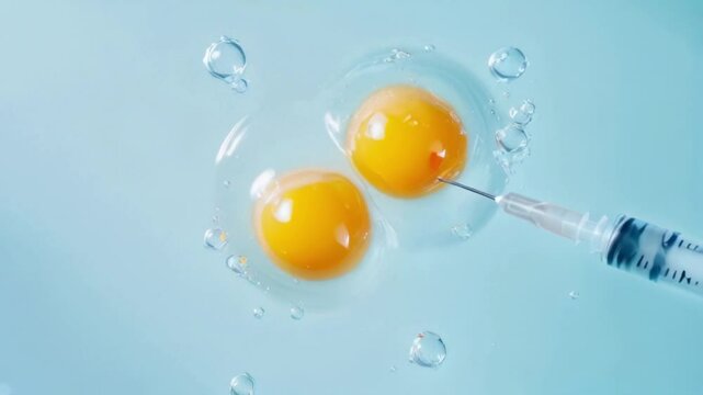 Close-up of in vitro fertilization process showing egg and needle for sperm injection under microscope	
