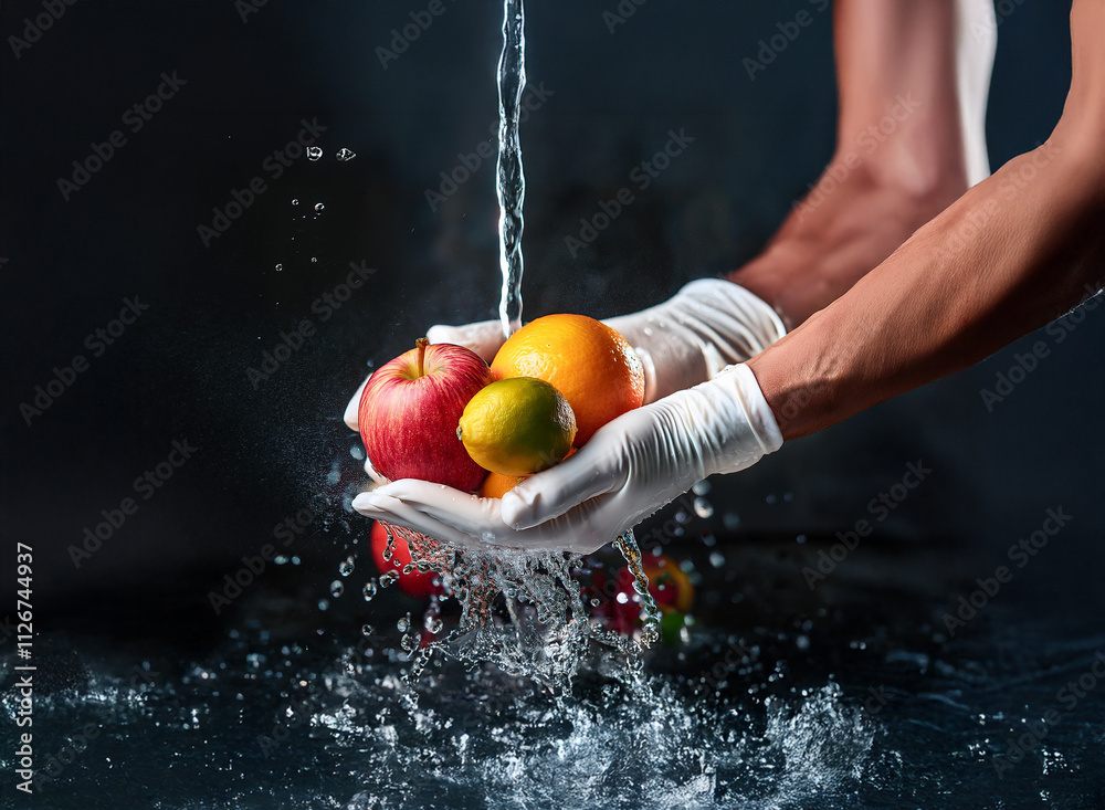 Aufkleber clean hands in white gloves rinse assorted fruits under running water; water splashes dramatically a