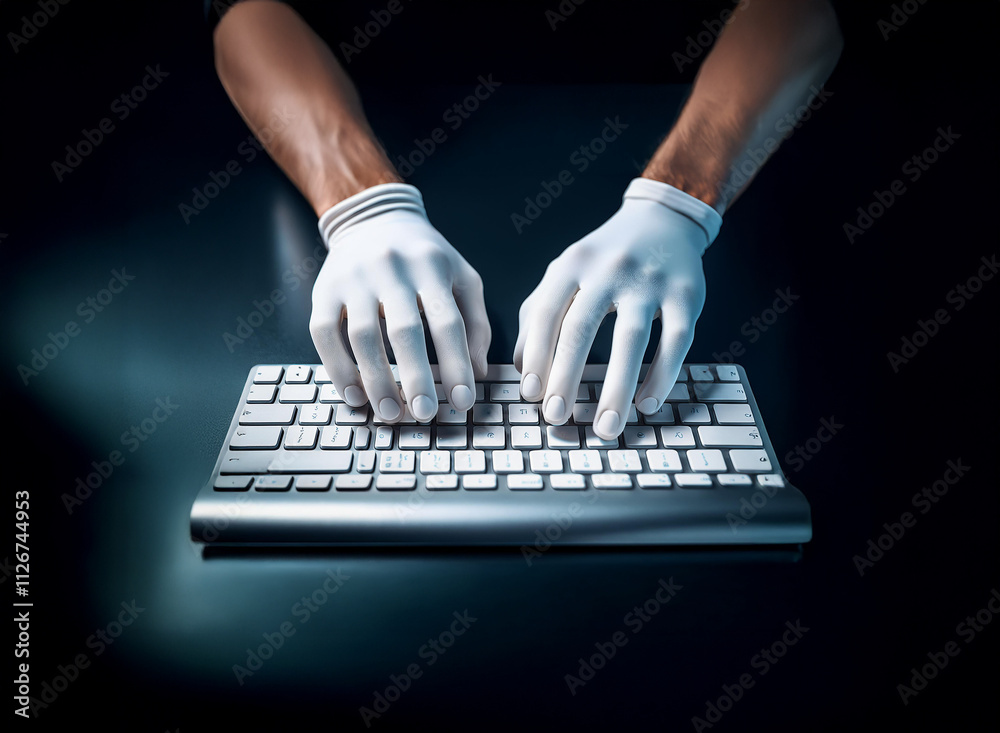 Poster Gloved hands swiftly type on a keyboard in the dark, suggesting secretive digital activity or cautious data handling.  The scene evokes a sense of mystery and potential risk.