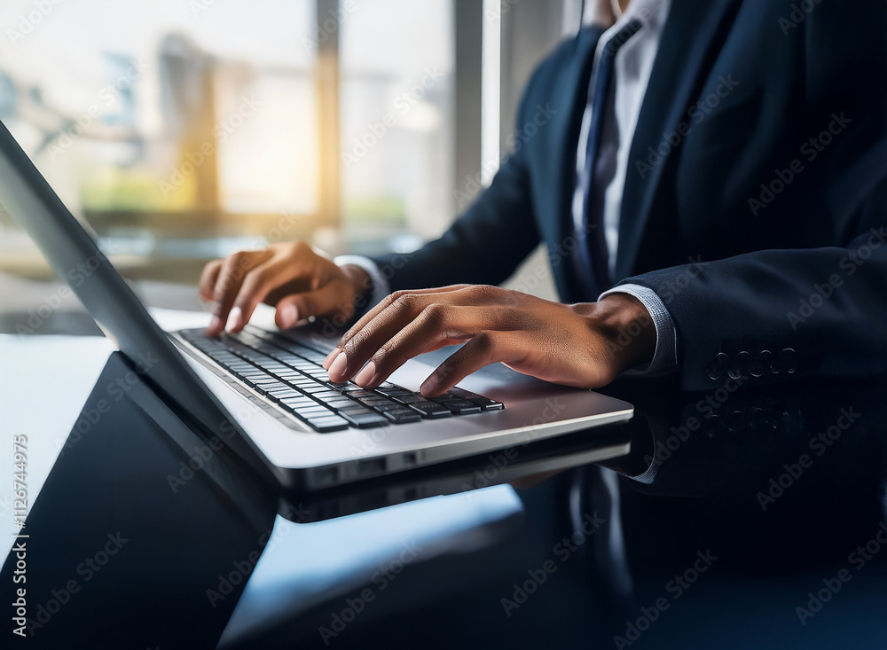 Poster Close-up of hands typing on a laptop keyboard, showcasing efficient work and modern business practices.  The professional is dressed in a business suit.