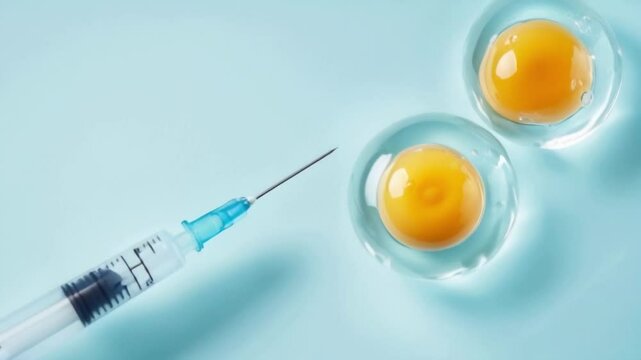 Close-up of in vitro fertilization process showing egg and needle for sperm injection under microscope	
