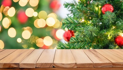 A Serene Empty Wooden Table with a Festive Christmas Tree and Bokeh Lights in the Background, Perfect for Holiday Gatherings and Seasonal Decor