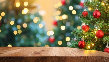 Empty Wooden Table Decorated for Christmas with a Beautifully Lit Christmas Tree in the Background, Creating a Warm and Inviting Holiday Atmosphere