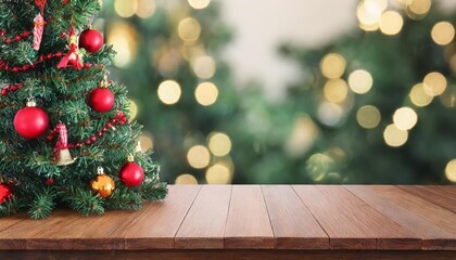 Serene Empty Wooden Table with a Beautifully Decorated Christmas Tree and Bokeh Background A Perfect Holiday Setting for Festive Gatherings and Cozy Moments