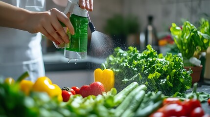 25. A person spraying a variety of vegetables with water and a mild pesticide in a home garden