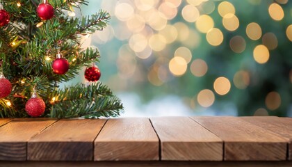 A Serene Empty Wooden Table with a Beautifully Decorated Christmas Tree in the Background, Enhanced by a Magical Bokeh Effect for a Festive Atmosphere