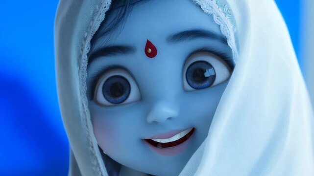 Cute little smiling baby Krishna with blue skin on light background. Birthday of Krishna, eighth avatar of Vishnu. Shree Krishna Janmashtami or Gokulashtami. Indian religious festival