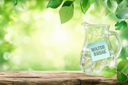 Water intake concept with hydration reminder. Clear glass pitcher with water and QR code surrounded by green leaves