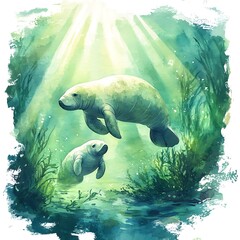 Watercolor Painting of a Mother Manatee and Calf in a Lush Aquatic Habitat.