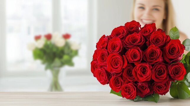 Portrait of happy florist woman collecting bouquet of red roses on wooden table, blurredflorist shop in background