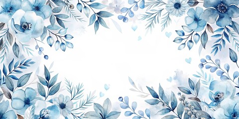 Fototapeta premium Serene Watercolor Floral Frame Elegant Blue Flowers and Foliage Border for Invitations, Cards, and Designs