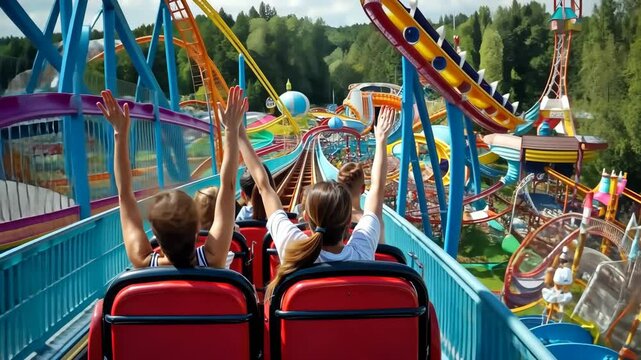 Thrilling amusement park ride. Excited riders raise their hands up in joy. Colorful attractions background, festive atmosphere. Fun adventure. Joyful people on rollercoaster. Children enjoy carousel.