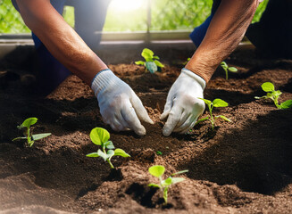 Naklejka premium Close-up view of hands gently planting seedlings into rich dark soil. Sunlight illuminates the scene, highlighting the careful process of gardening.